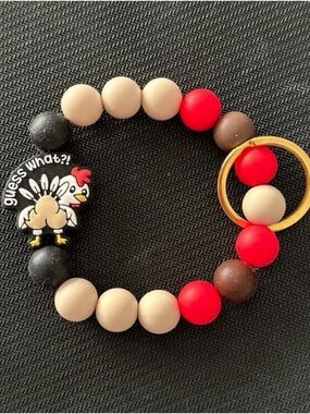 Beaded Chicken Charm Keyring Bracelet - Red, Black, Beige